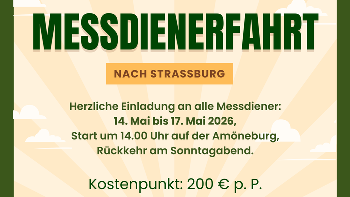 Einladungsplakat für einen Kirchenausflug nach Straßburg vom 14. bis 17. Mai 2026 mit Besichtigung von Attraktionen wie dem Europapark.