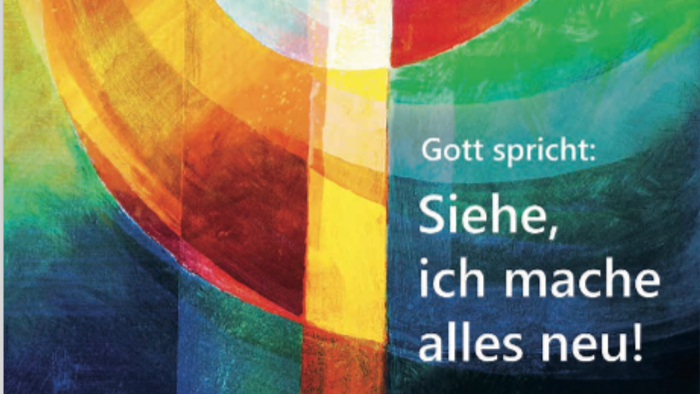 Ein farbenfroher Kirchenbrief-Umschlag mit einem lebendigen abstrakten Design und dem Zitat: *„Gott spricht: Siehe, ich mache alles neu!“*