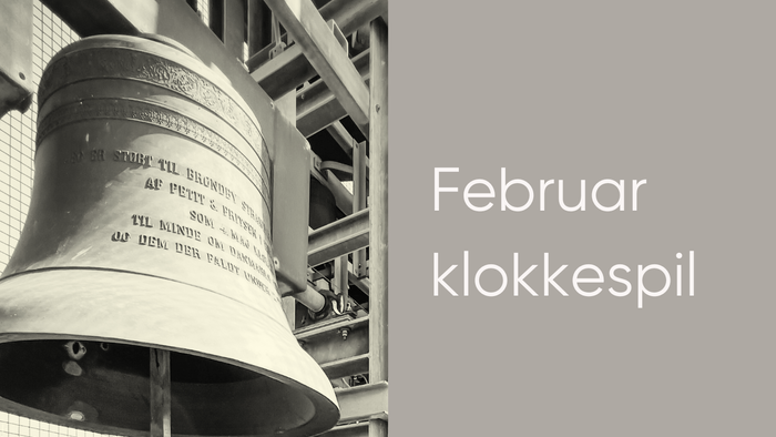 Sort-hvid klokkeslet for februar med tider og sangtitler til daglige klokkespil.