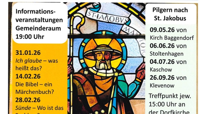 Plakat zum 100-jährigen Jubiläum der katholischen Kirche in Grimmen mit Veranstaltungsprogramm und religiösen Informationen.