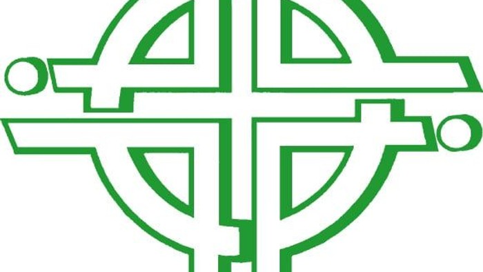 Modernes grünes Logo mit miteinander verbundenen geometrischen Formen, das Einheit und globale Gebetsinitiativen des Frauenkomitees symbolisiert.