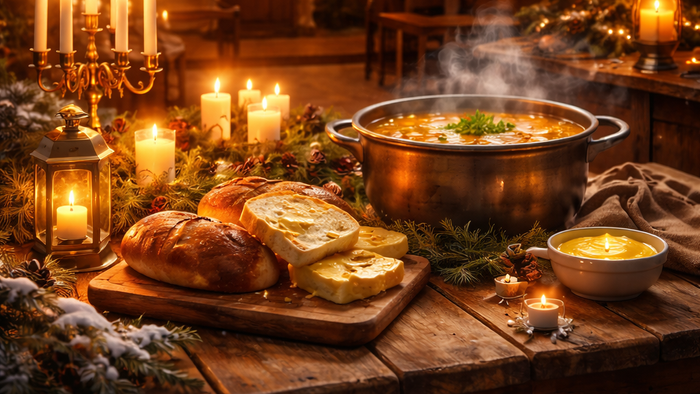 Hyggelig juleaftensstævne med levende lys, traditionel mad og kirke i snerigt landsbymiljø.