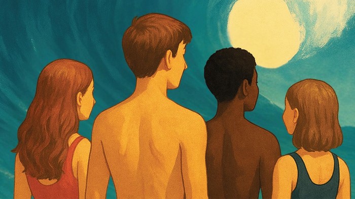 Grafische Darstellung von vier Jugendlichen die mit dem Rücken zum Betrachter stehen und auf eine Welle blicken