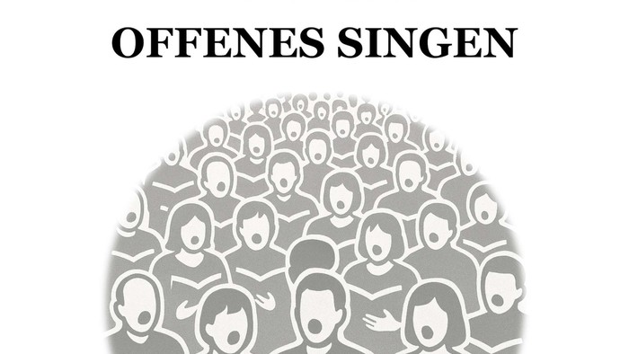Plakat zum Offenen Singen mit einem stilisierten Chor aus grauen Zeichenfiguren im Kreis