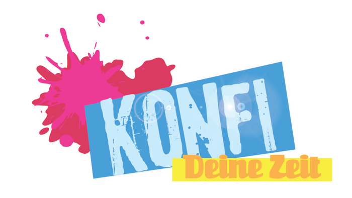 Bunter Logo-Splash mit "KONFI" und "Konfirmation"