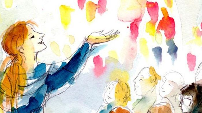 Ein Lehrer leitet einen interaktiven Unterricht mit bunten, konfettiartigen Illustrationen, die herumschweben.