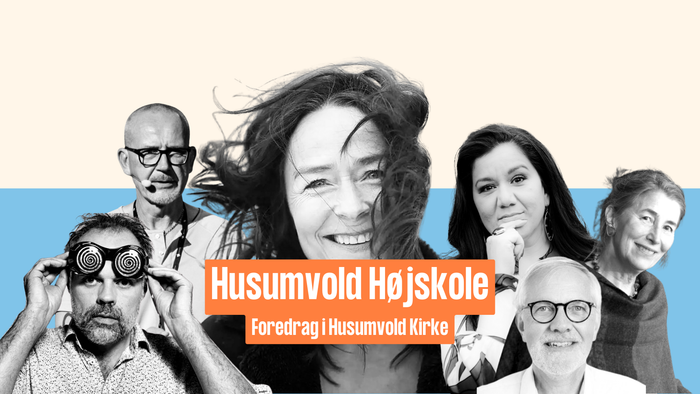 Reklamekollage til foredrag på Husumvold Højskole i Husumvold Kirke med smilende foredragsholdere.