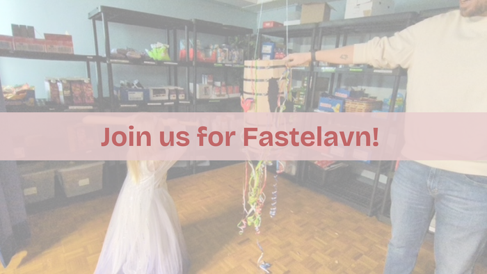 Invitation to join a festive Fastelavn celebration with decorated straw ropes and a cozy indoor setting.
