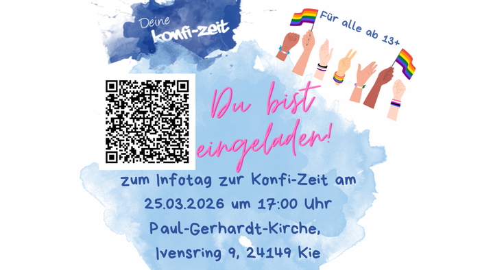 Einladungs-QR-Code für den Informationsabend zur LGBTQ+-Jugendkonferenz am 25. März 2026 in der Paul-Gerhardt-Kirche, Kiel.