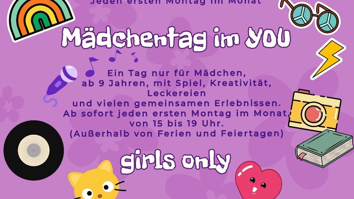 Lila Flyer mit verschiedenen freundlichen, bunten Symbolen die Spaß und gemeinsame Aktionen andeuten für einen Mädchentag im YOU. 