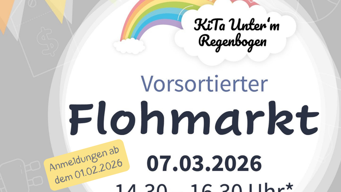Ein buntes Plakat, das einen vorsortierten Flohmarkt der Veranstaltung **