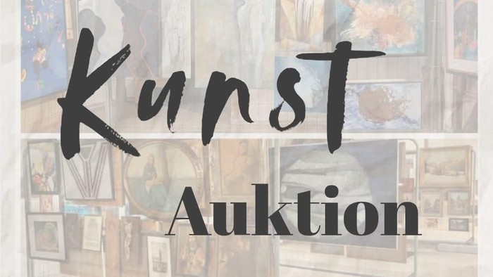 Kunstauktionsplakat für die Herz-Jesu-Kirche am 8. März 2026 mit gespendeten Kunstwerken für wohltätige Zwecke.