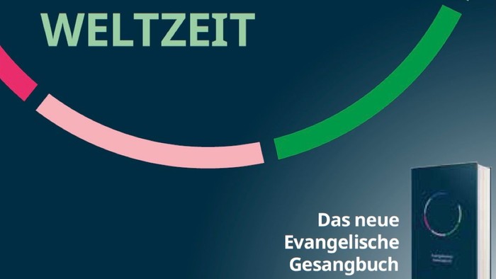Promotion-Cover für das neue evangelische Gesangbuch *„Weltzeit“* mit einem modernen, farbenfrohen Design.