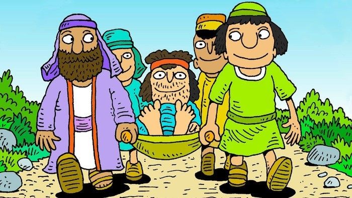 Vier Männer tragen einen gelähmten Mann.