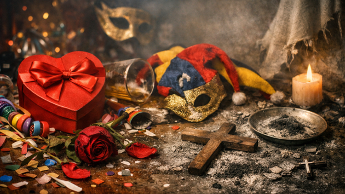 Eine chaotische Szene, die Karnevalsmasken, Liebessymbole und dunkle rituelle Elemente auf aschebedecktem Boden vermischt.