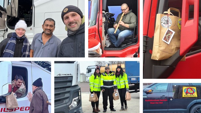 Collage: LKW-Fahrer freuen sich über den Besuch und die Geschenke, einer macht Flötenmusik.