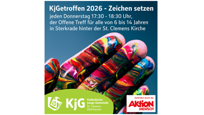 Plakatwerbung für ein wöchentliches Jugendtreffen für Kinder von 6 bis 14 Jahren in Sterkrade, jeden Donnerstag von 17:30 bis 18:30 Uhr.