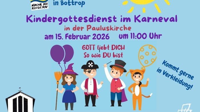 Ein buntes Plakat, das einen karnevalsthemen Kinderkirchengottesdienst in Bottrop am 15. Februar 2026 um 11:00 Uhr bewirbt.