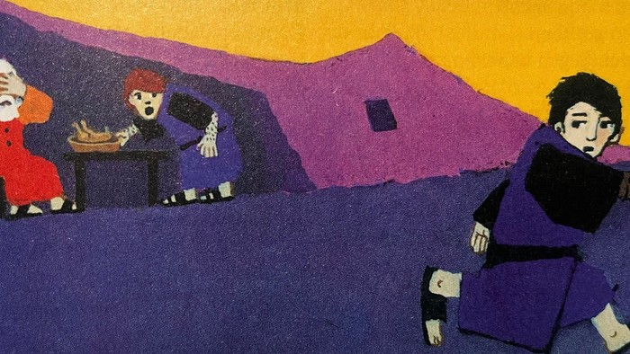 Lebendige Illustration eines bärtigen Mannes, der kocht, während zwei andere dramatisch reagieren, in einer farbenfrohen Dorfkulisse.