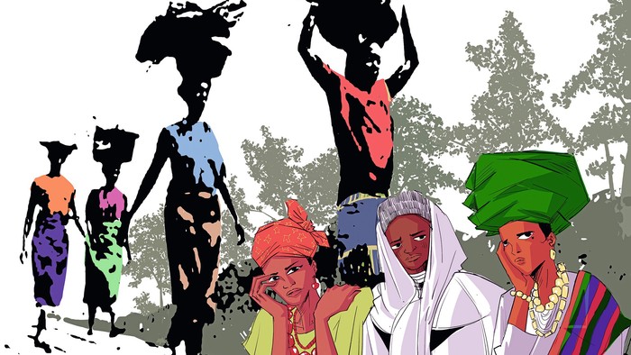 Bunte Illustration verschiedener Menschen, die Lasten tragen und alltäglichen Tätigkeiten in einer ländlichen Umgebung nachgehen.