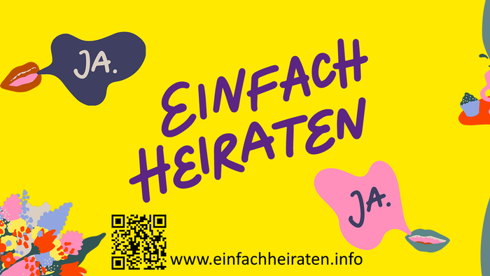 Bunte Hochzeitsplanungs-Werbung mit „Einfach Heiraten“ und QR-Code für weitere Informationen.