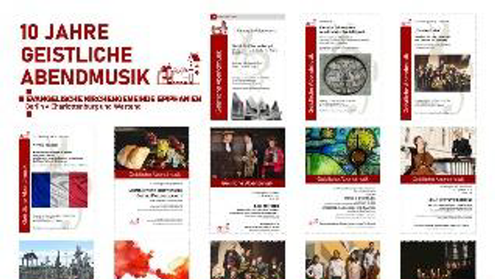 Ein Gedenkplakat zum 10-jährigen Jubiläum der spirituellen Abendmusik-Konzerte mit historischen und kulturellen Motiven.