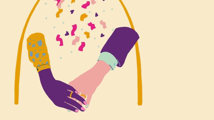 Illustrierte Grafik zur Bewerbung einer einfachen Hochzeitsfeier, geplant für 2026, mit Konfetti und verschränkten Händen.