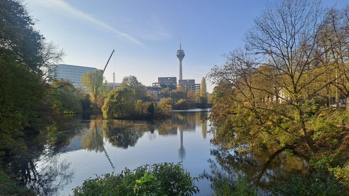 Eine ruhige städtische Parkszenen mit einem stillen Fluss, der die Herbstbäume und einen markanten Turm im Hintergrund widerspiegelt.