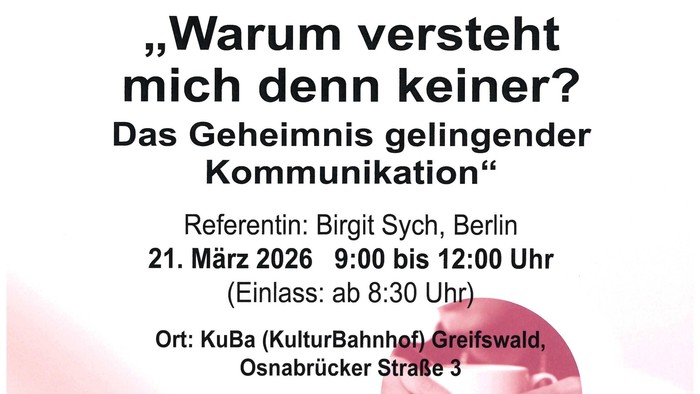 Plakat für ein Frauen-Frühstückstreffen zum Thema erfolgreiche Kommunikation mit dem Titel *„Warum versteht mich niemand?“*.