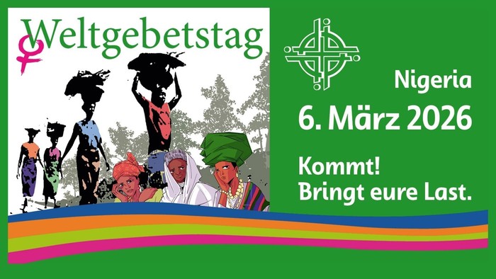 Banner zum Weltgebetstag 2026 mit Frauen aus Nigeria, die Lasten auf ihren Köpfen tragen