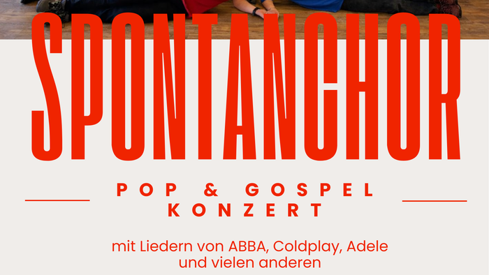 Plakat für ein kostenloses spontanes Chor-Pop- und Gospel-Konzert am 21.–22. März 2026 mit Liedern von ABBA und Coldplay.
