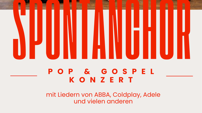 Plakat für ein kostenloses spontanes Chor-Pop- und Gospel-Konzert am 21.–22. März 2026 mit Liedern von ABBA und Coldplay.