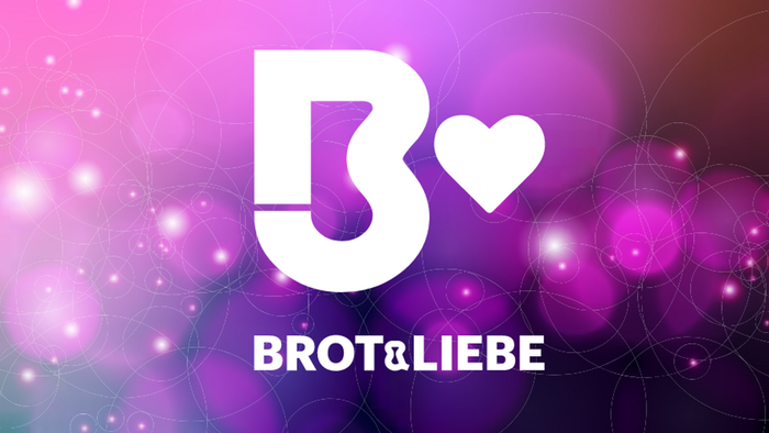 Farbenfrohes Design mit dem Logo von Brot & Liebe und einem Herzsymbol