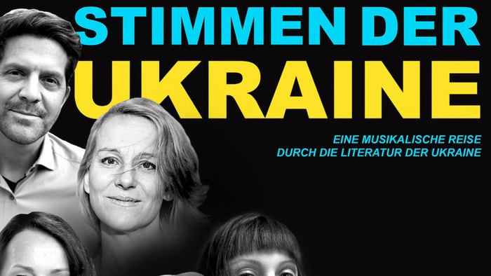 Plakat zur Bewerbung einer musikalischen Reise durch die ukrainische Literatur mit vielfältigen Porträts und deutschem Text.