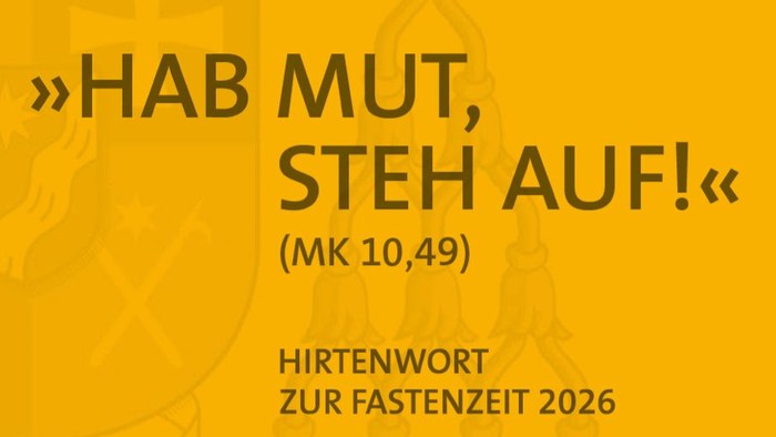 Umschlag des Hirtenbriefs von Bischof Heiner Koch zur Fastenzeit 2026 mit dem Titel *„Hab Mut, steh auf!“* und biblischem Bezug.
