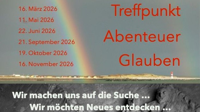 Plakat für eine Veranstaltung mit Terminen für glaubensbasierte Abenteuertreffen, das einen Regenbogen und geschnitzte religiöse Figuren zeigt.