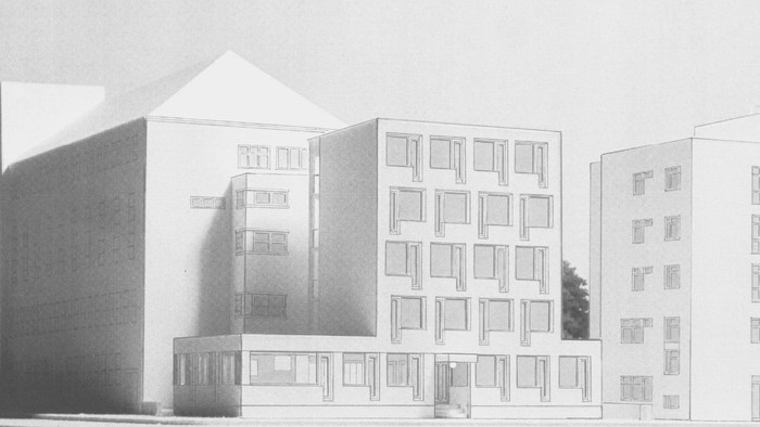 Entwurfsszeichnung mit einer Fassadenansicht der geplanten Tee- und Wärmestube Plus