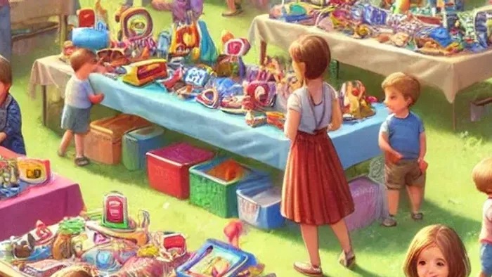 Viele Menschen auf einem bunten Straßenfest mit Ständen voller Spielsachen und Ballons