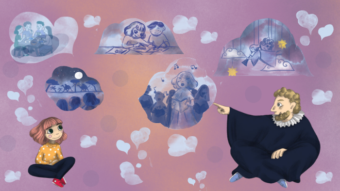 Lunefuld konge og barn interagerer med svævende, sky-lignende isformationer på en drømmende himmel.