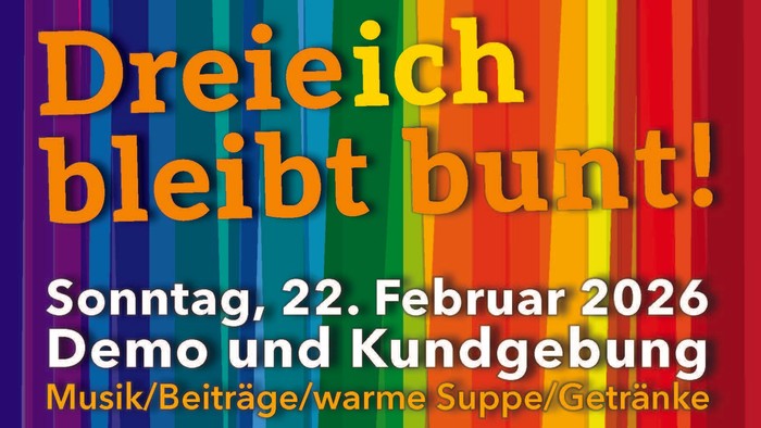 Regenbogenfarbenes Plakat zur Ankündigung einer LGBTQ+-Demonstration und -Versammlung am 22. Februar 2026 mit Auftakt- und Abschlussveranstaltungen.