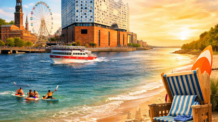 In der linken oberen Hälfte sind Sehenswürdigkeiten aus Hamburg zu sehen. In der rechten unteren Hälfte ein Strand mit Handtuch, Ball und Strandkorb.