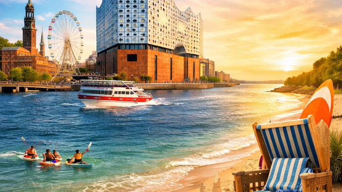 In der linken oberen Hälfte sind Sehenswürdigkeiten aus Hamburg zu sehen. In der rechten unteren Hälfte ein Strand mit Handtuch, Ball und Strandkorb.