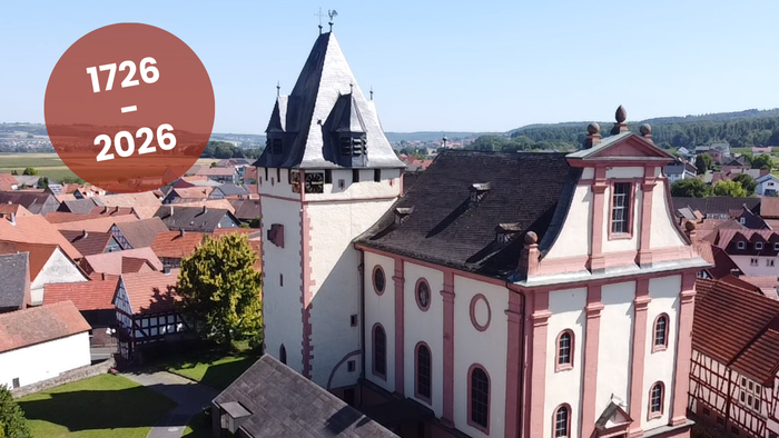 Festplakat zum 300-jährigen Jubiläum der Kirche Mardorf mit geplanten Kirchenveranstaltungen und Gottesdiensten.