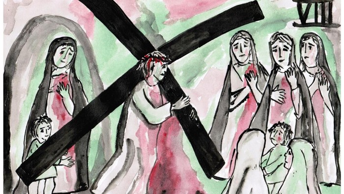 Eine lebendige Darstellung von Jesus, der das Kreuz trägt, begleitet von trauernden Frauen und Kindern.