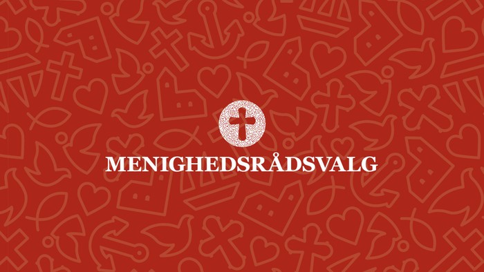 Rød baggrund med hjerter og kors, og 'MENIGHEDSRÅDSVALG' skrift