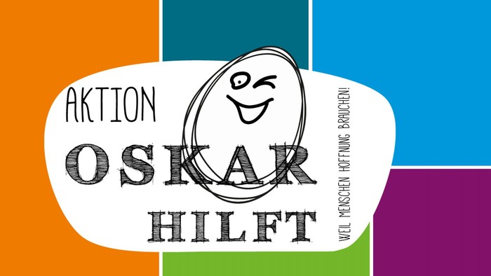 Logo der Wohltätigkeitskampagne zur Unterstützung von Oskar mit einem lächelnden Ei und einer hoffnungsvollen Botschaft.