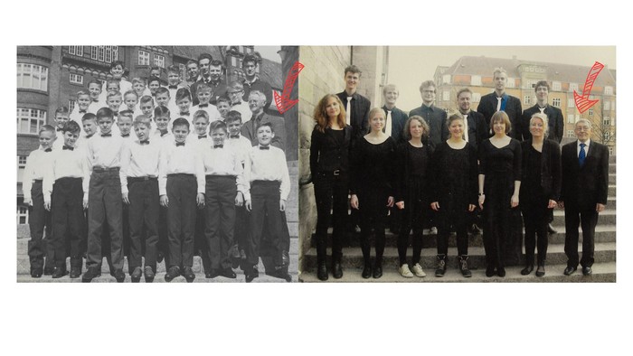 En side-om-side-sammenligning af historiske skoleuniformer og moderne professionelt tøj for studerende og undervisere.