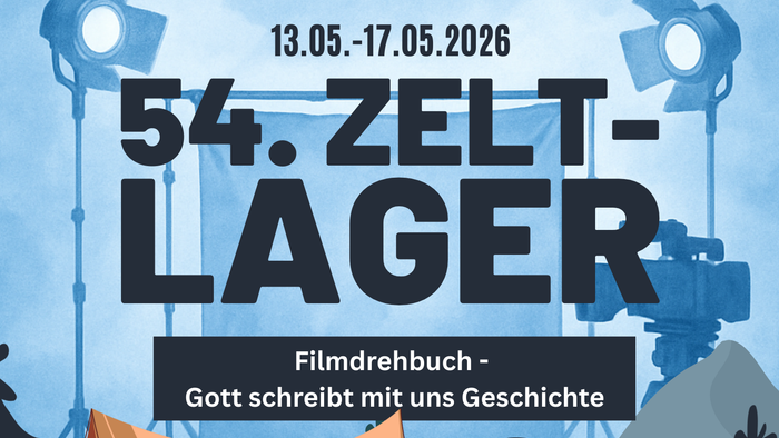 Plakat zur Bewerbung des 54. Zeltlagers mit Filmthema und Camping-Motiven vom 13. bis 17. Mai 2026.