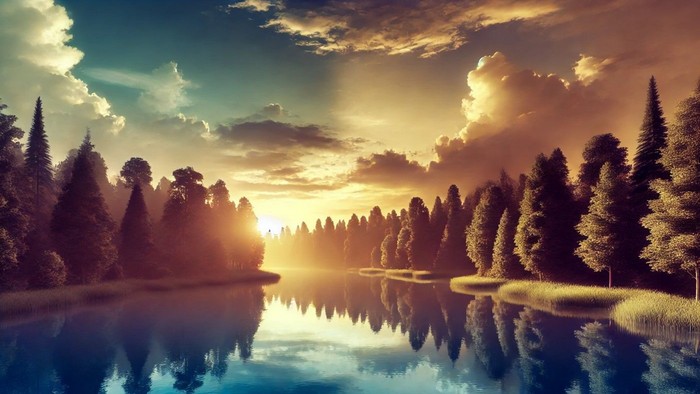 Ein friedlicher See bei Sonnenuntergang, umgeben von Bäumen und reflektiert den Himmel