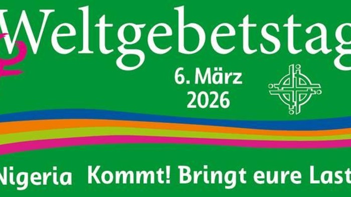 Plakat zum Weltgebetstag mit Werbung für die Veranstaltung in Nigeria am 6. März 2026 – zur Teilnahme und Unterstützung aufrufend.